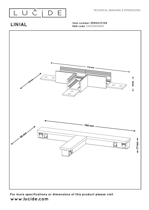 Lucide Premium LINIAL T-connector - 1-Circuit lighting system - Smart - 48V - Satin Gun Metal - technical